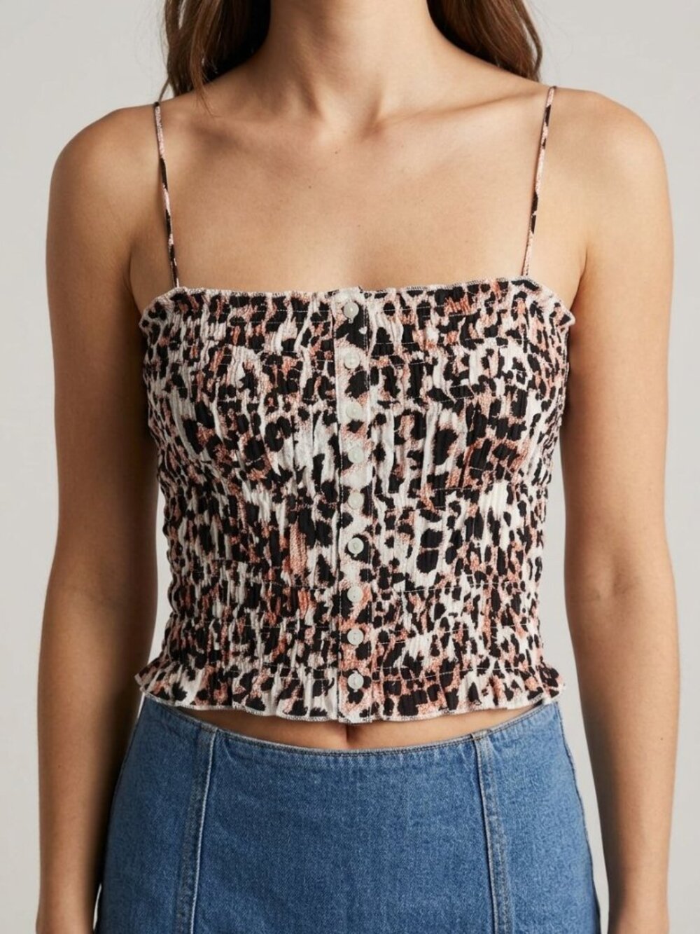FP One Free People Aletta Smocked Crop Top Leopard Print Boho Y2K | Size M